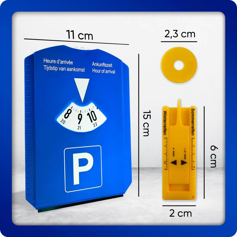 PROCAR EQUIPMENT Parkscheibe für Auto Deutsche Qualitäts Multifunktions (Parkscheibe mit Uhr, Eiskratzer, Einkaufschip, Reifenprofilmessung und Fensterwischer) von PROCAR EQUIPMENT