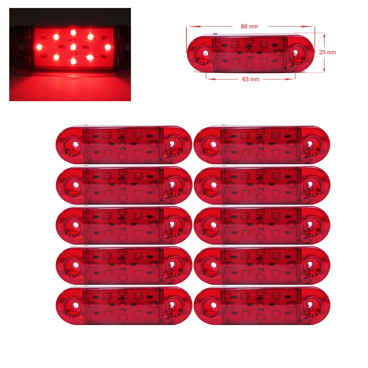 PROMOLINK 10 Stück 9 SMD LED Rot Seitenmarkierungsleuchten für LKW, Anhänger und Busse Positionsleuchten Begrenzungsleuchten, 25 x 63 x 88 mm von PROMOLINK