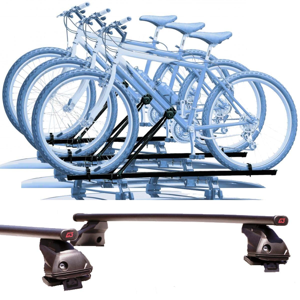 Set mit 3 Fahrradträgern + Dachträger für Citroen C3 von 2010 bis 2016 aus robustem Stahl, Set Dachträger 110 cm + Montagesatz für einfache Montage von PROPOSTEONLINE