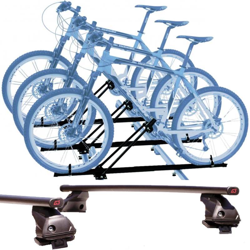 Set mit 3 Fahrradträgern + Dachträger für Kia Forte von 2012 bis 2018, kompakt mit Schlüssel, Set Stangen von 127 cm + Montagesatz für einfache Montage von PROPOSTEONLINE