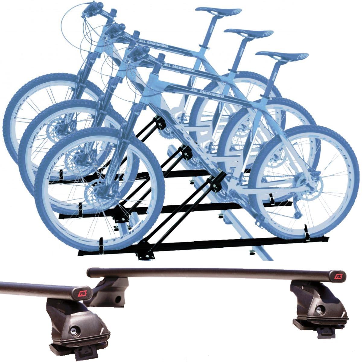 Set mit 3 Fahrradträgern und Dachträger für Kia Rio von 1999 bis 2005, kompakt, mit Schlüsseln, Dachträger 110 cm + Montagesatz für einfache Montage von PROPOSTEONLINE