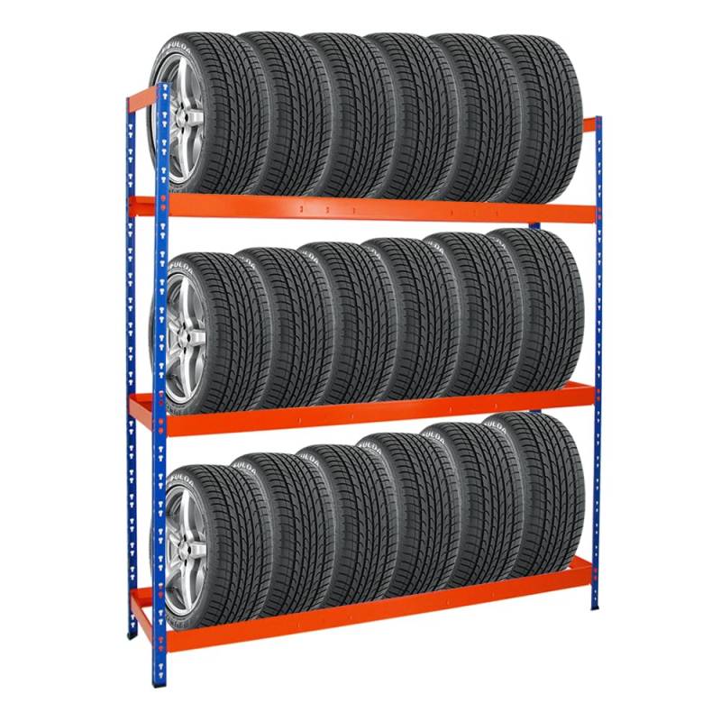 PROREGAL Reifenregal Tiger XL | HxBxT 200x180x45 cm | 300kg Fachlast | bis zu 21 Reifen (205/55 R16) | Blau/Orange | Werkstattregal, Lagerregal, Kellerregal von PROREGAL