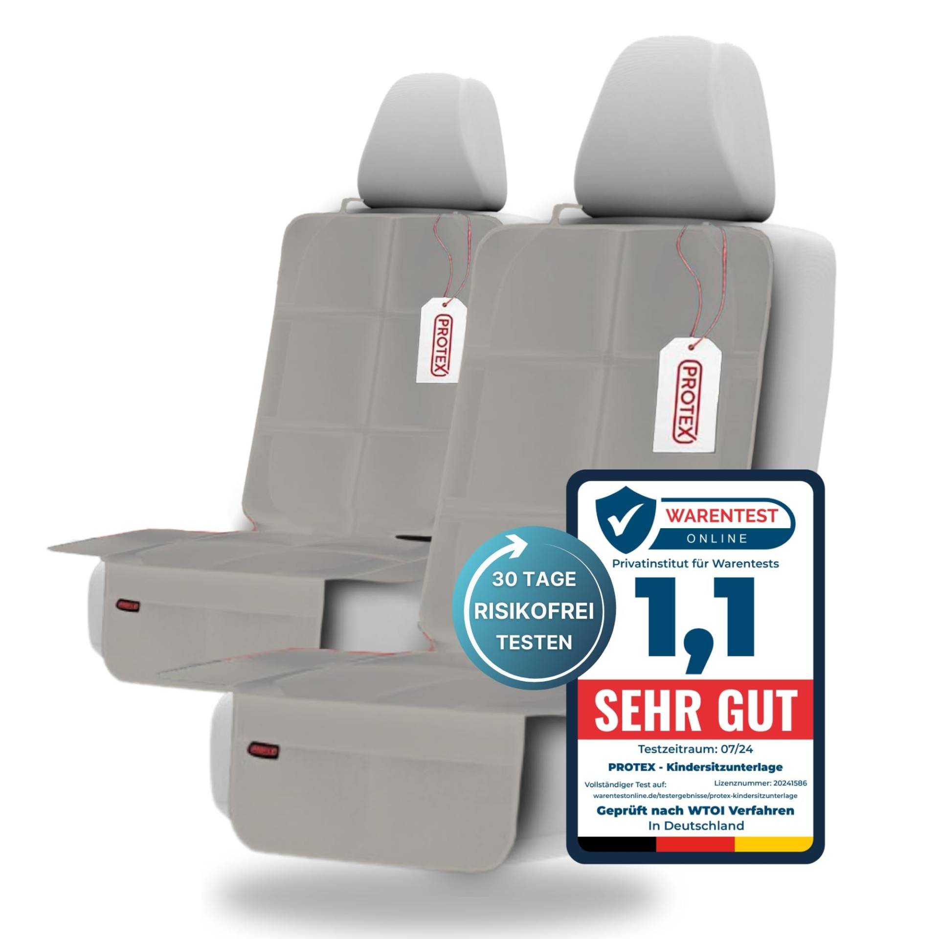 PROTEX Kindersitzunterlage - ISOFIX-geeignet, Anti-RUTSCH-Unterfläche | Wasserabweisender & besonders hochwertiger 600D Stoff mit gepolsteter Sitzfläche (L, 2er Set), (grau) von PROTEX