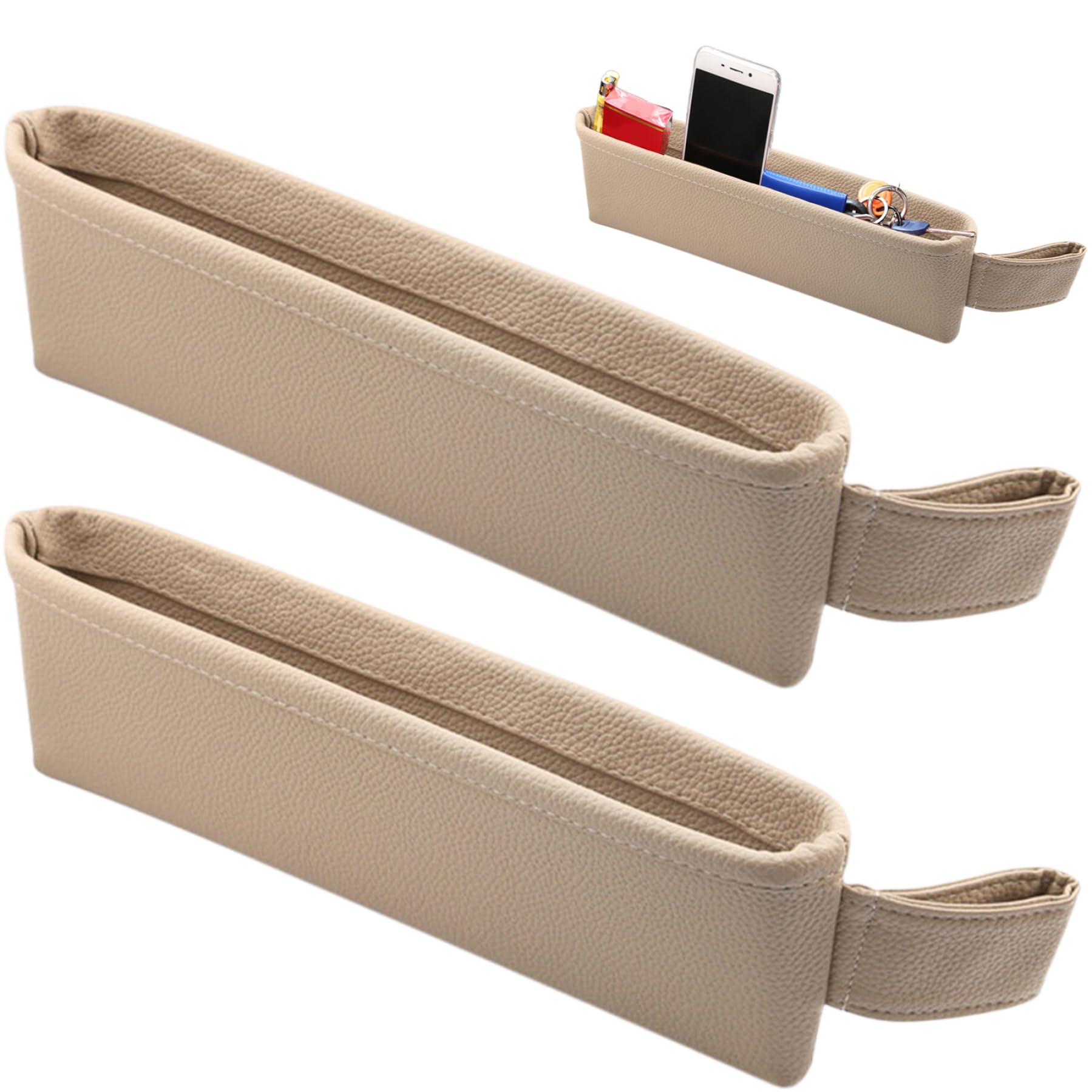 2 PCs Car Gap Organizer Taschen PU Leder 2-in-1 Slim Car Sat Spaps Füllstoff 14.2 x 4,5 in Allzweckauto Gap Füllorganisator für Telefone Brillen Karten (Beige), Autositzspeicherbox von PSFDEWT