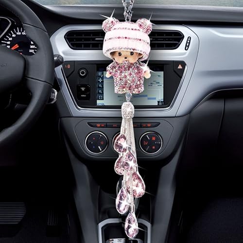 Auto Rückspiegel Ornament, Kristall Diamant Auto Spiegel Anhänger Bling Strass Rückspiegel Dekoration zum Aufhängen Bling Hängende Anhänger Auto Innen Dekoration für Frauen & Männer,Rosa von PTNKUIIY