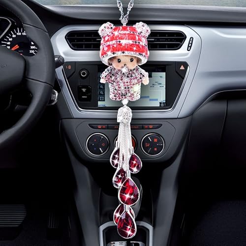 Auto Rückspiegel Ornament, Kristall Diamant Auto Spiegel Anhänger Bling Strass Rückspiegel Dekoration zum Aufhängen Bling Hängende Anhänger Auto Innen Dekoration für Frauen & Männer,Rot von PTNKUIIY