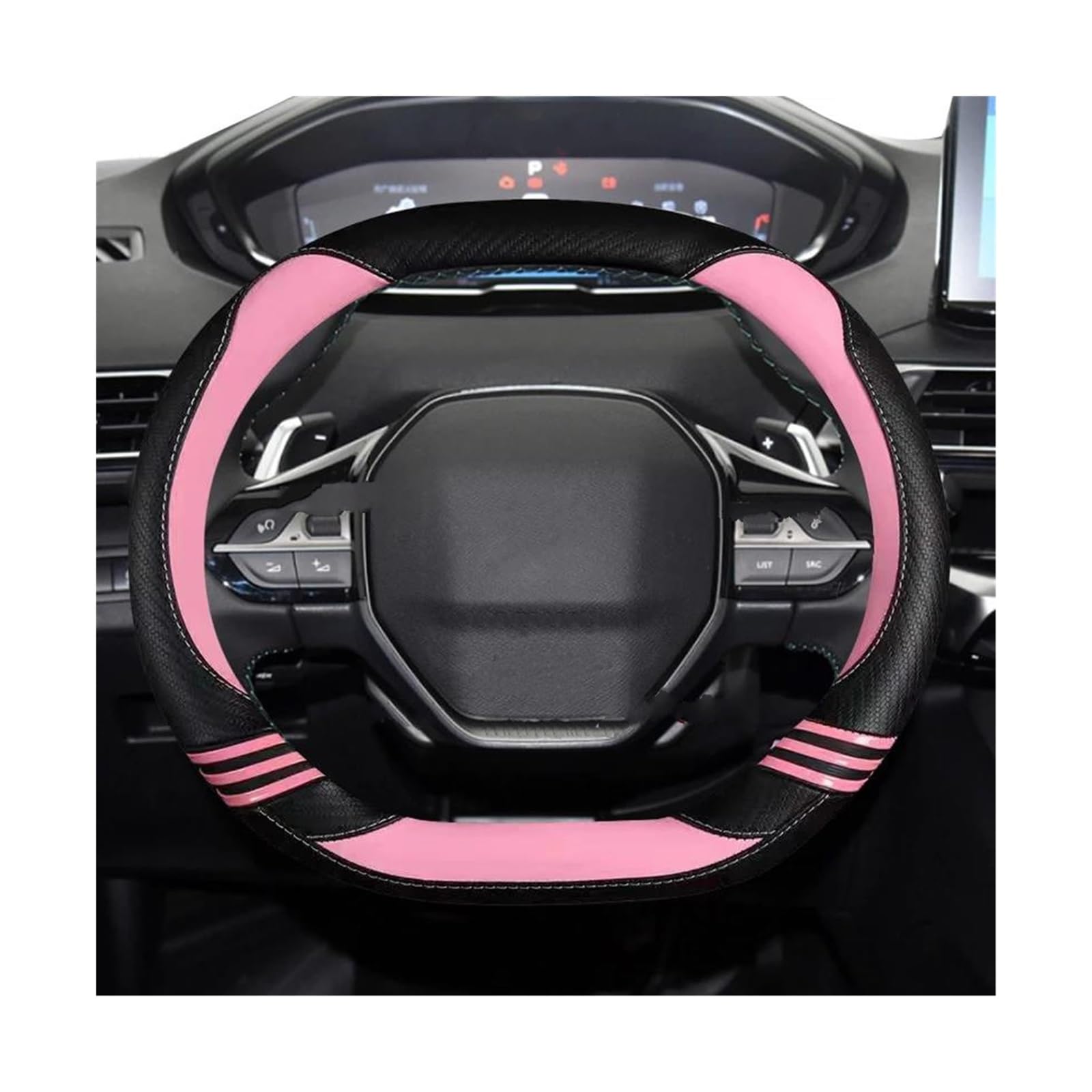 Lenkradschutz Für Peugeot 208 E208 2020 2021 2022 Auto Zubehör Innen Coche Auto Lenkrad Abdeckung Mädchen Nette Carbon Faser PU Leder Autozubehör(Pink) von PUMMJCOW