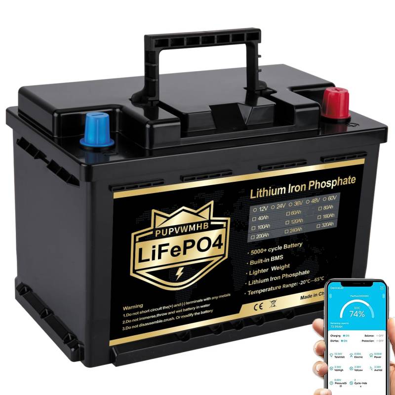 PUPVWMHB LiFePO4 12V 100AH Autobatterie Bluetooth 100A BMS über 5000 Mal Tiefzyklus Lithium Akku 1280W Abschaltschutz bei Niedriger Temperatur für Wohnmobil, Camping, Boot, Solare Heimanlagen von PUPVWMHB