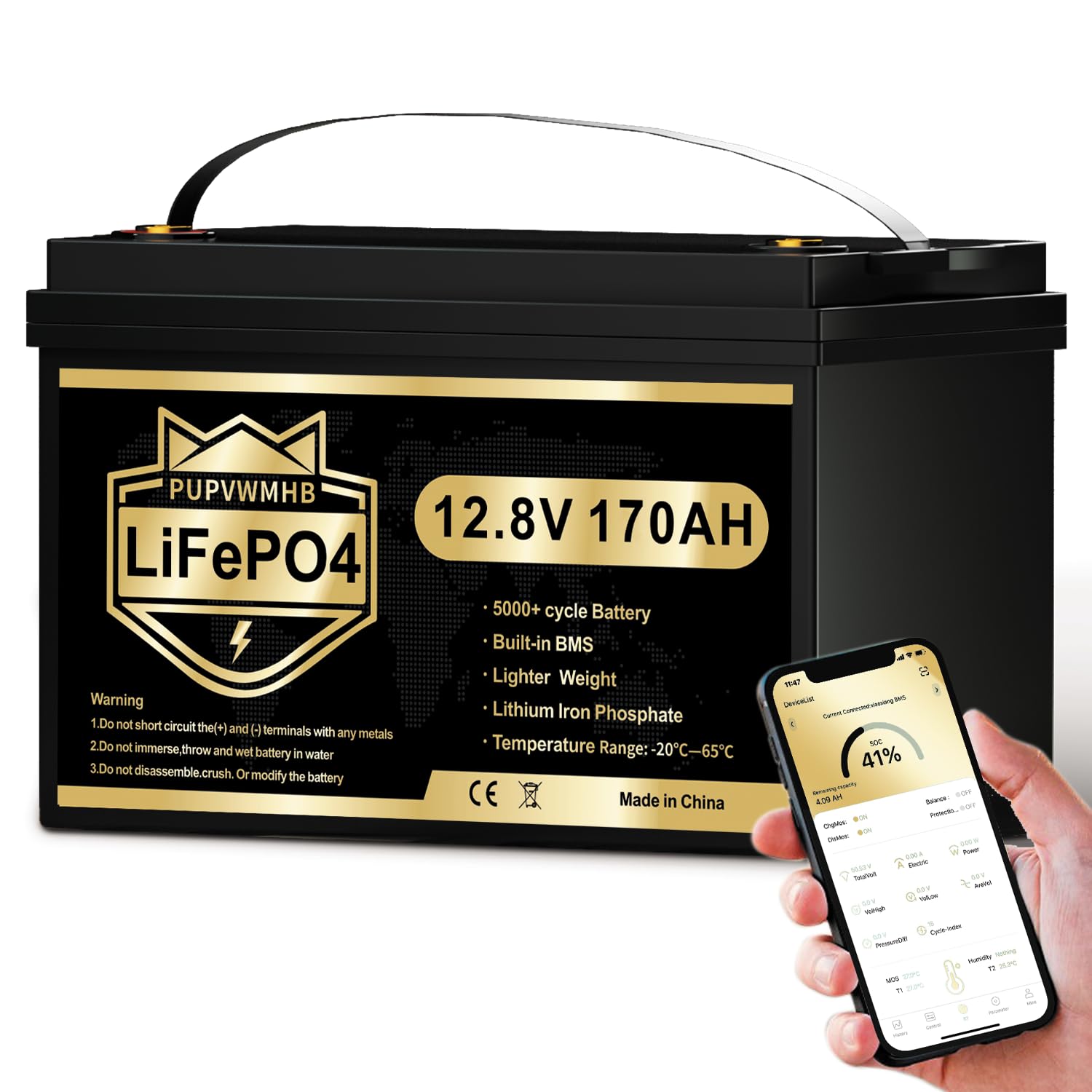 PUPVWMHB LiFePO4 12V 170AH Autobatterie Bluetooth 150A BMS über 5000 Mal Tiefzyklus Lithium Akku 2176W Abschaltschutz bei Niedriger Temperatur für Wohnmobil, Camping, Boot, Solare Heimanlagen von PUPVWMHB