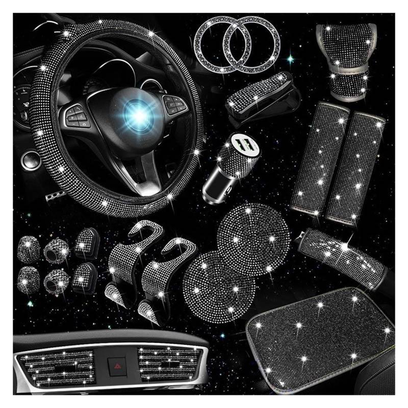 Lenkradhüllen 30PCS Frauen Kristall Diamant Auto Innen Dekoration Zubehör Rosa Rot Blau Weiß Strass Auto Lenkrad Abdeckungen Lenkradbezug Auto(1Set Black Diamond) von PUQWRIM