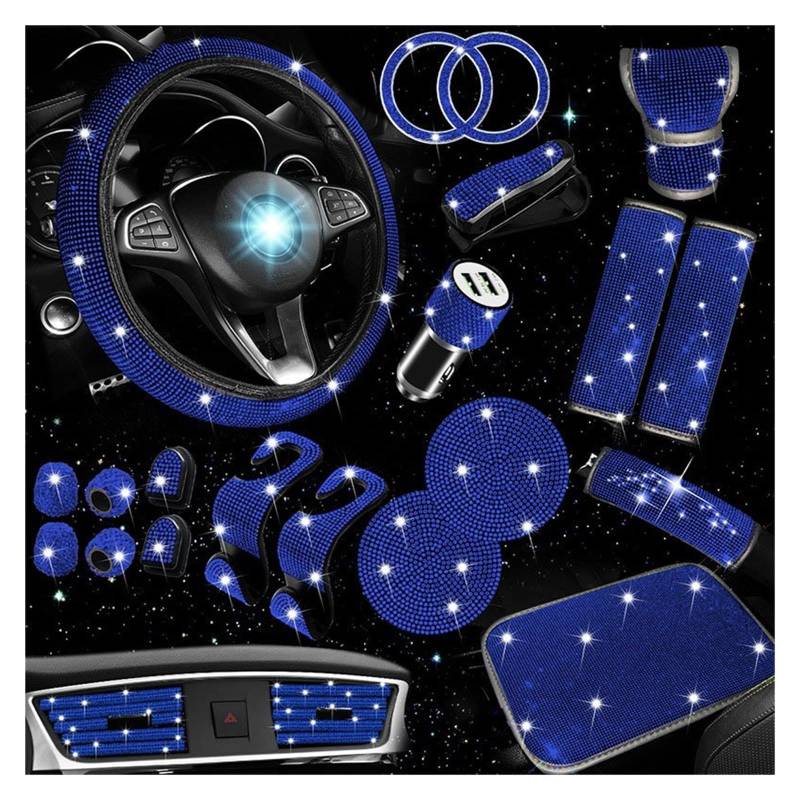 Lenkradhüllen 30PCS Frauen Kristall Diamant Auto Innen Dekoration Zubehör Rosa Rot Blau Weiß Strass Auto Lenkrad Abdeckungen Lenkradbezug Auto(1Set Blue Diamond) von PUQWRIM