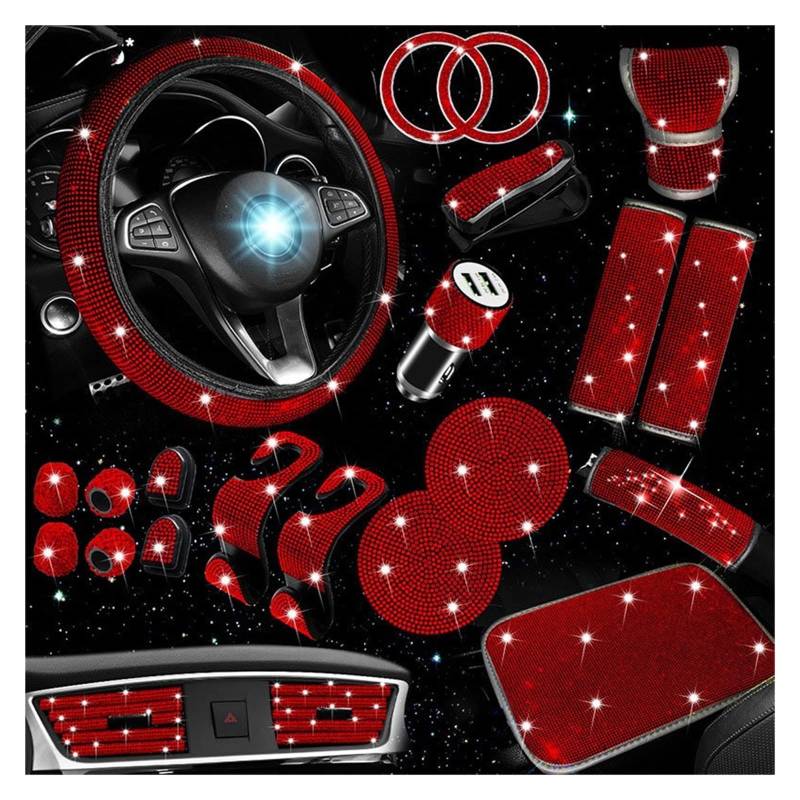 Lenkradhüllen 30PCS Frauen Kristall Diamant Auto Innen Dekoration Zubehör Rosa Rot Blau Weiß Strass Auto Lenkrad Abdeckungen Lenkradbezug Auto(1Set Red Diamond) von PUQWRIM