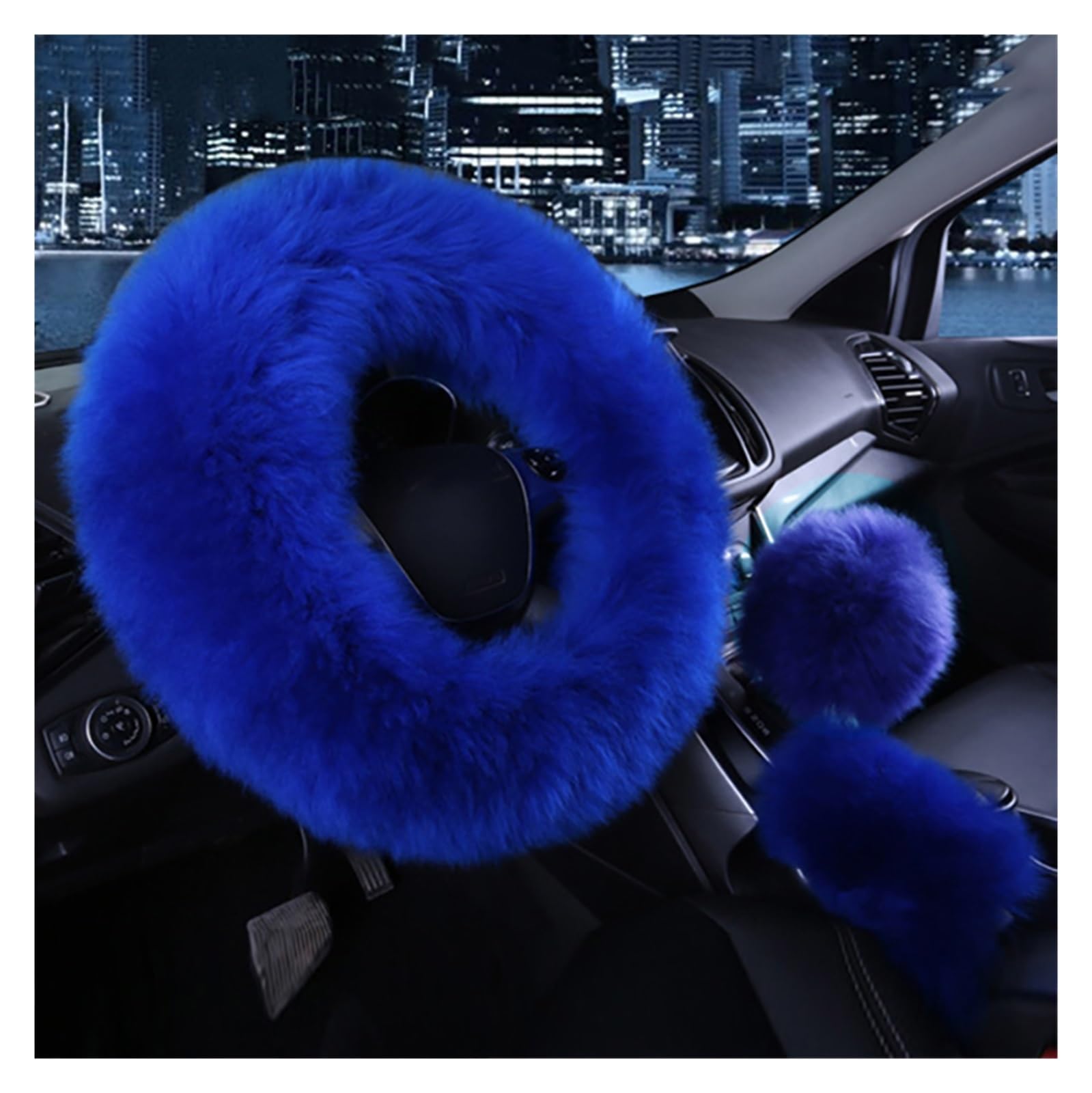 Lenkradhüllen 3PCS Pelz Lenkrad Abdeckung Set Echt Auto Plüsch Warme Flauschige Fuzzy Auto Zubehör Für Frauen Mädchen Lenkradbezug Auto(Blau) von PUQWRIM