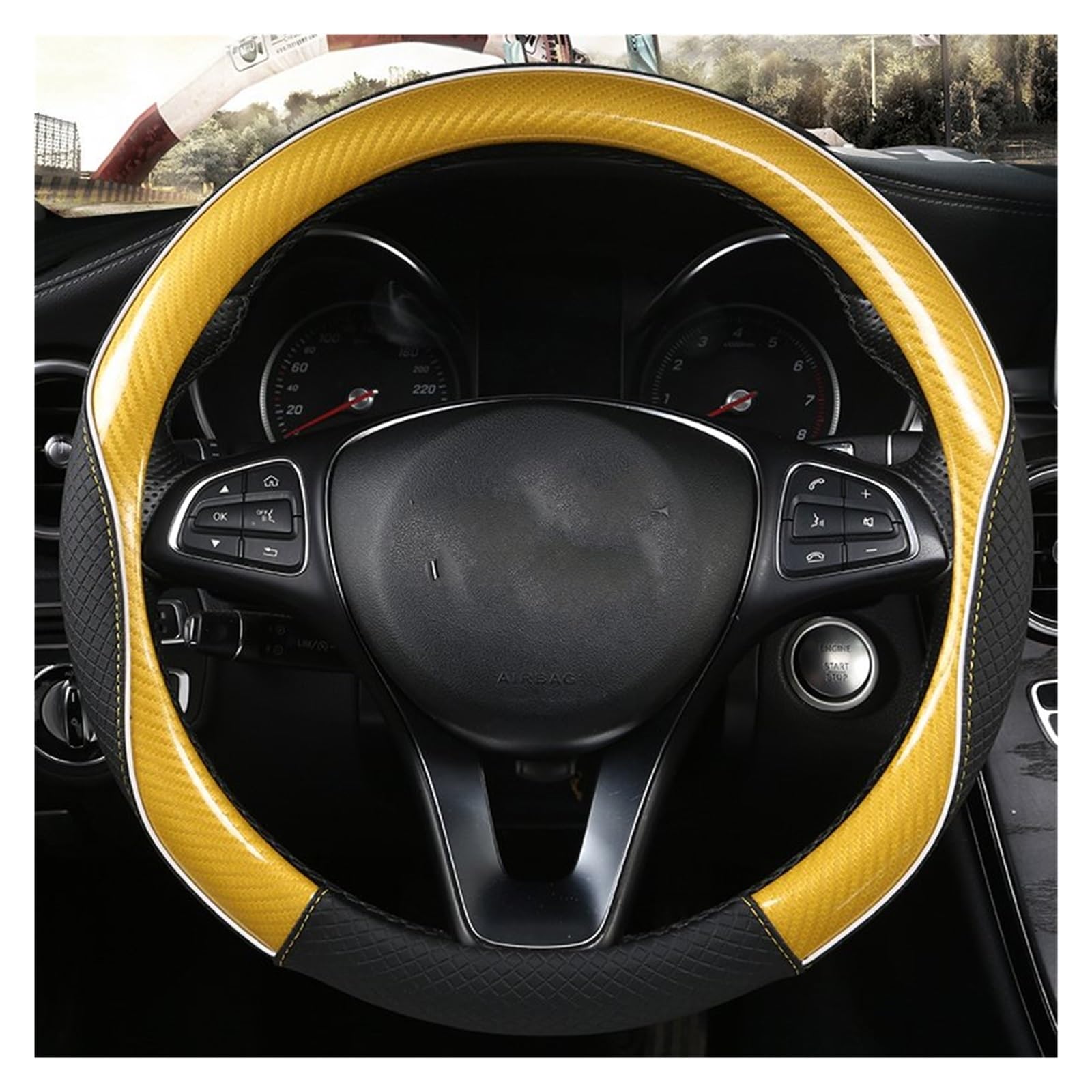 Lenkradhüllen Für Civic Ciimo Jade 36 cm Leder + Carbon Faser Auto Lenkrad Abdeckung Größe S Auto Zubehör Lenkradbezug Auto(Yellow 36CM O Shape) von PUQWRIM