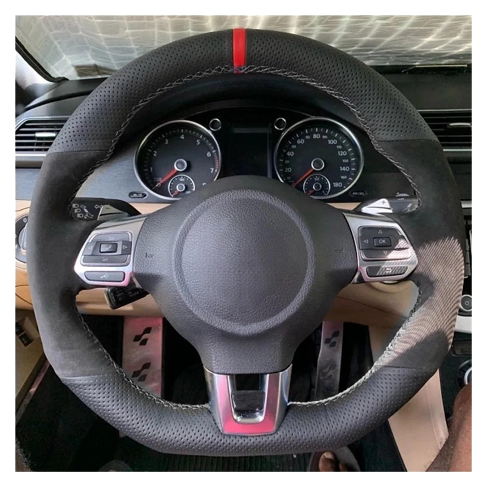 Lenkradhüllen Für Golf 6 Für GTI Für MK6 Für Polo GTI Für Scirocco R Nicht-Slip Schwarz Echtes Leder Wildleder Auto Lenkrad Abdeckung Lenkradbezug Auto(White Thread) von PUQWRIM