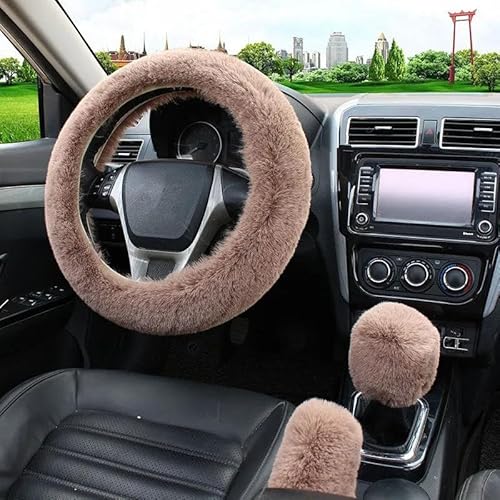 Lenkradhüllen Künstliche Pelz Auto Lenkrad Abdeckung Warme Winter Auto Handbremse Shift Abdeckung DREI-stück Set Heizung Lenkrad 38 cm Lenkradbezug Auto(Camel) von PUQWRIM