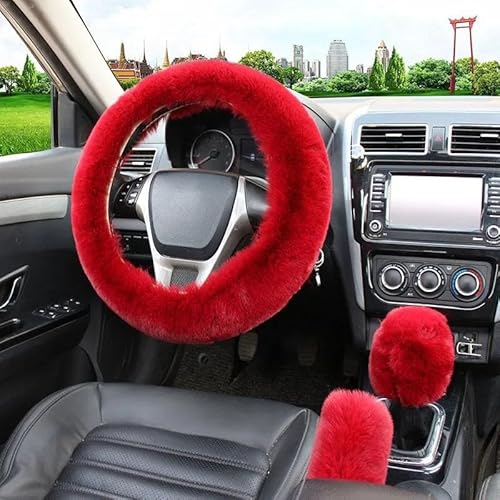 Lenkradhüllen Künstliche Pelz Auto Lenkrad Abdeckung Warme Winter Auto Handbremse Shift Abdeckung DREI-stück Set Heizung Lenkrad 38 cm Lenkradbezug Auto(Dark Red) von PUQWRIM