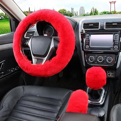 Lenkradhüllen Künstliche Pelz Auto Lenkrad Abdeckung Warme Winter Auto Handbremse Shift Abdeckung DREI-stück Set Heizung Lenkrad 38 cm Lenkradbezug Auto(Rot) von PUQWRIM