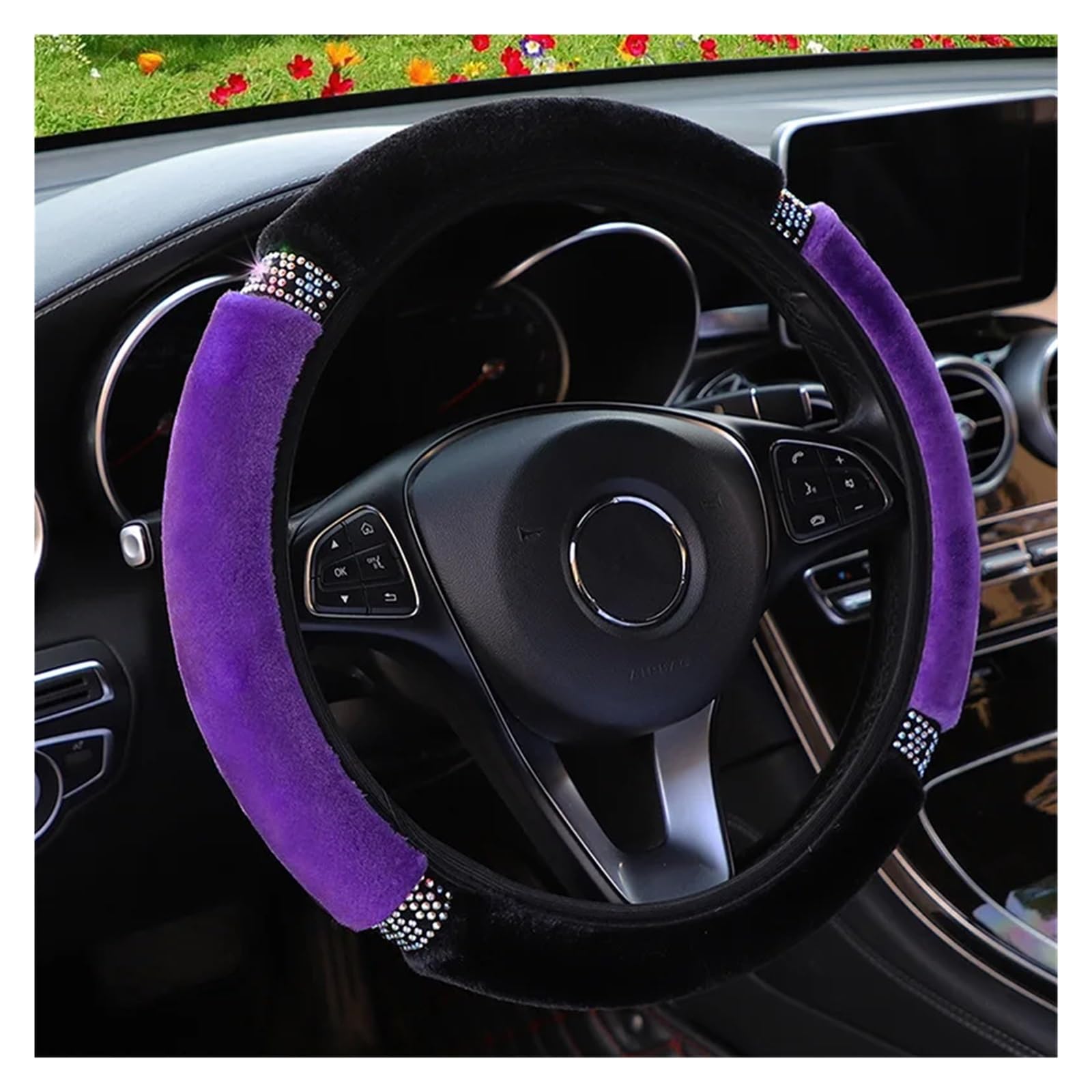 Lenkradhüllen Universal 37-38 cm Durchmesser Weiche Plüsch Strass Auto Lenkrad Abdeckung Innen Zubehör Schwarz Rosa Auto Lenkung Abdeckung Lenkradbezug Auto(Violett) von PUQWRIM