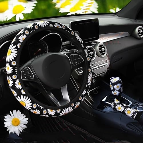 Lenkradhüllen Universal Auto Nette Gänseblümchen Blume Auto Innen Dekoration Gestrickte Lenkrad Abdeckung Styling Innen Zubehör Produkt Lenkradbezug Auto(3 pcs) von PUQWRIM