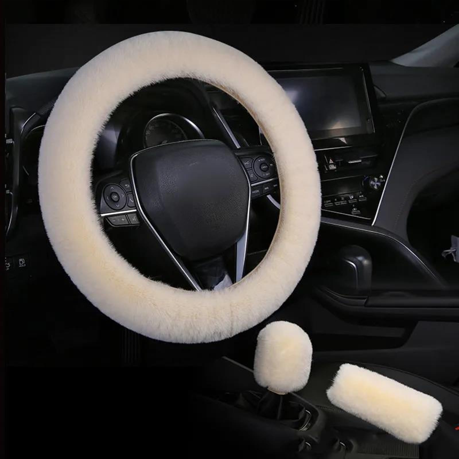 Lenkradhüllen Universal Lenkrad Plüsch Auto Lenkrad Abdeckungen Winter Faux Pelz Hand Bremse & Getriebe Abdeckung 3 Teile/Satz Auto Zubehör Lenkradbezug Auto(3 Pieces beige) von PUQWRIM