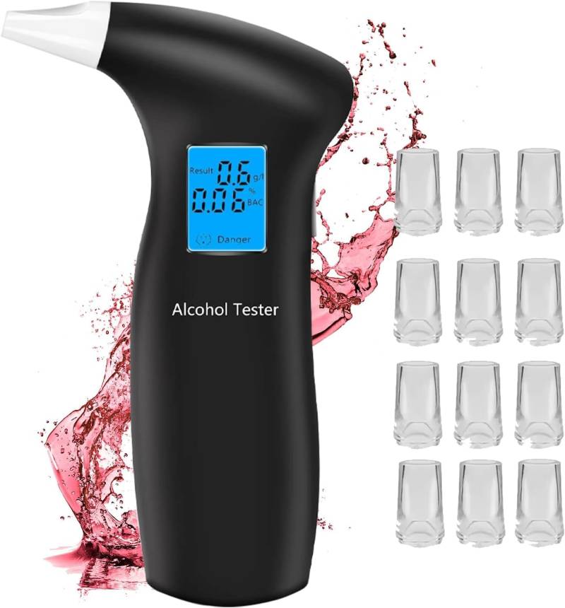 PUTAII Alkoholtester, Polizeigenau Alkoholmessgeräte Promillemessgerät mit 12 Mundstücke，Professioneller Alkohol Tester Promilletester mit LCD-Bildschirm und Halbleiter Sensorik von PUTAII