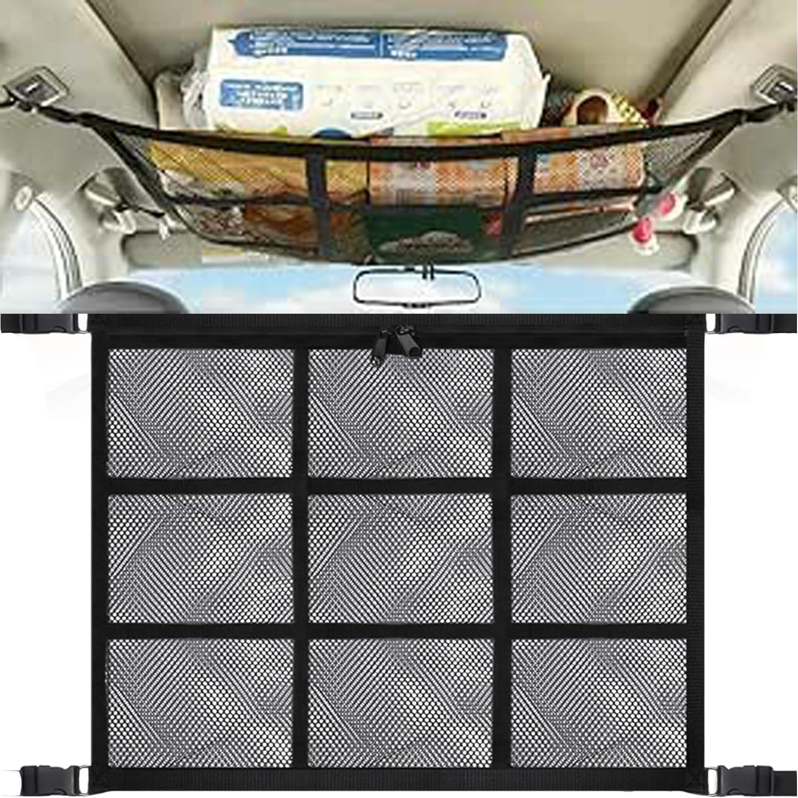 Gepäcknetz Auto, 90 x 65 cm Gepäcknetz, Autodach Aufbewahrung für Decken, Autonetz Organizer für Vier Dacharmlehnen, SUV, Van. Tolles Auto Camping Zubehör für Lange Roadtrips. von PVFZXS