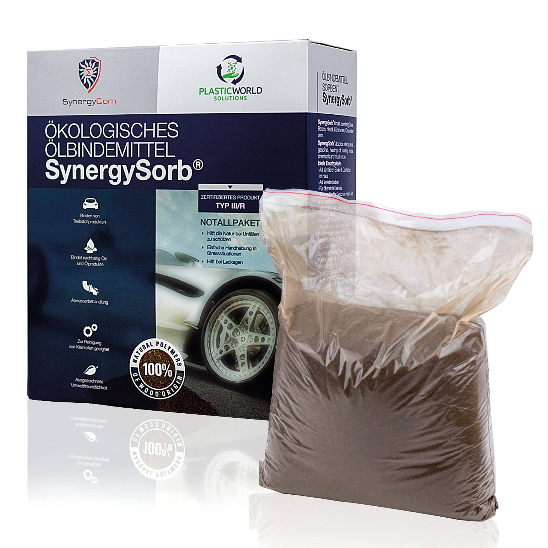 SynergySorb® 1kg | Öl-Bindemittel Typ III R Ökologischer Öl-Binder aus Lignin, DEKRA-zertifiziert | Starke-Sichere-Chemikalien-Oil-Bindung | Notfall- & Werkstattpaket Nachhaltig Bindestark von PWS