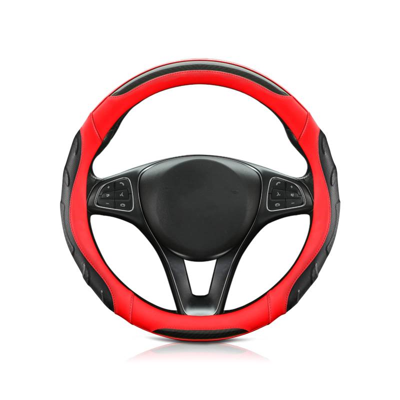 Auto-Lenkradabdeckung Runde, sportliche Lenkradabdeckung, atmungsaktiver, bequemer Lenkradschutz aus Kohlefaser und Leder fürs Auto, luxuriös, modisch, 38 cm(Red) von PXAMORTEL