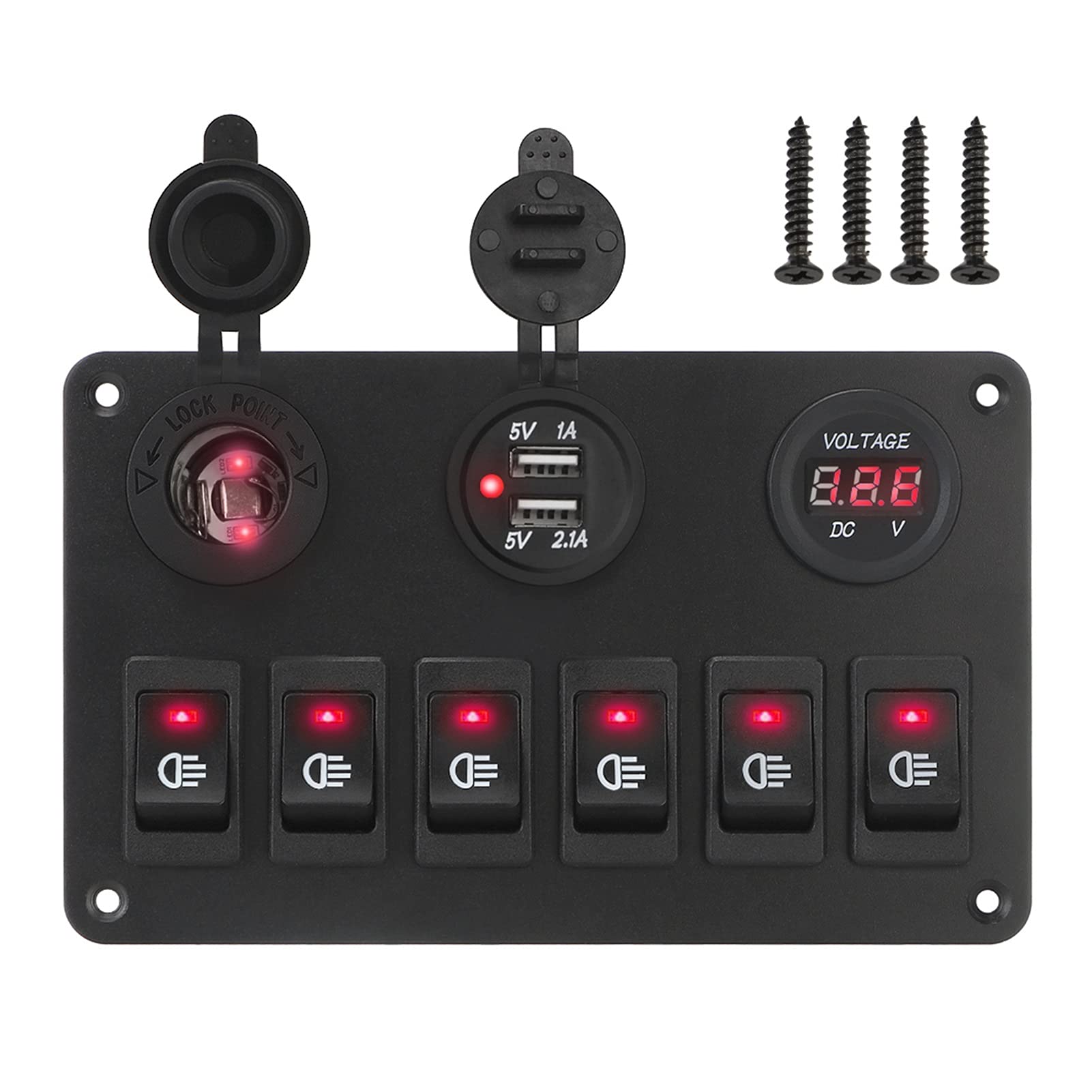 PXQPYMATX DC 12V / 24V 6/2 Gang Rocker Switch Panel wasserdicht dual USB Häfen LED Digital-Voltmeter-Leistungsschalter AN AUS Leuchtet auto marine Schalter und Relais(Red) von PXQPYMATX