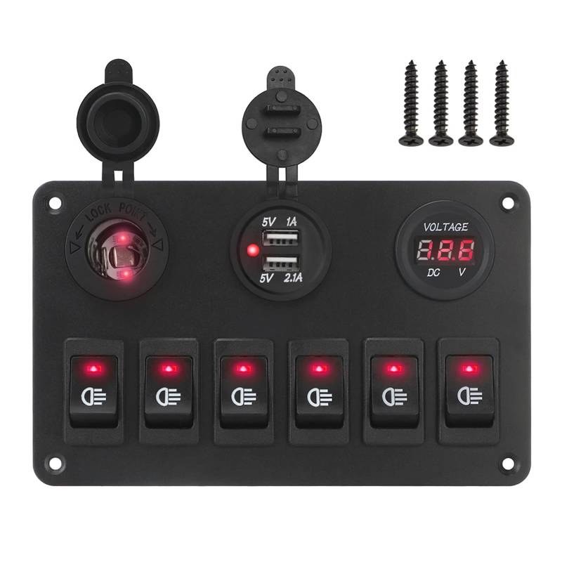 PXQPYMATX DC 12V / 24V 6/2 Gang Rocker Switch Panel wasserdicht dual USB Häfen LED Digital-Voltmeter-Leistungsschalter AN AUS Leuchtet auto marine Schalter und Relais(Red) von PXQPYMATX