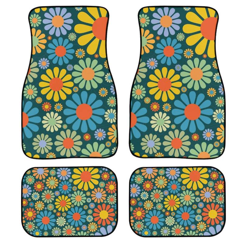 PZZ BEACH Auto-Fußmatten mit abstraktem Hippie-Blumen-Motiv für Damen und Herren, komplettes Set, Auto-Zubehör, bunt, Blumenmuster, universelle Passform, 4 Stück von PZZ BEACH