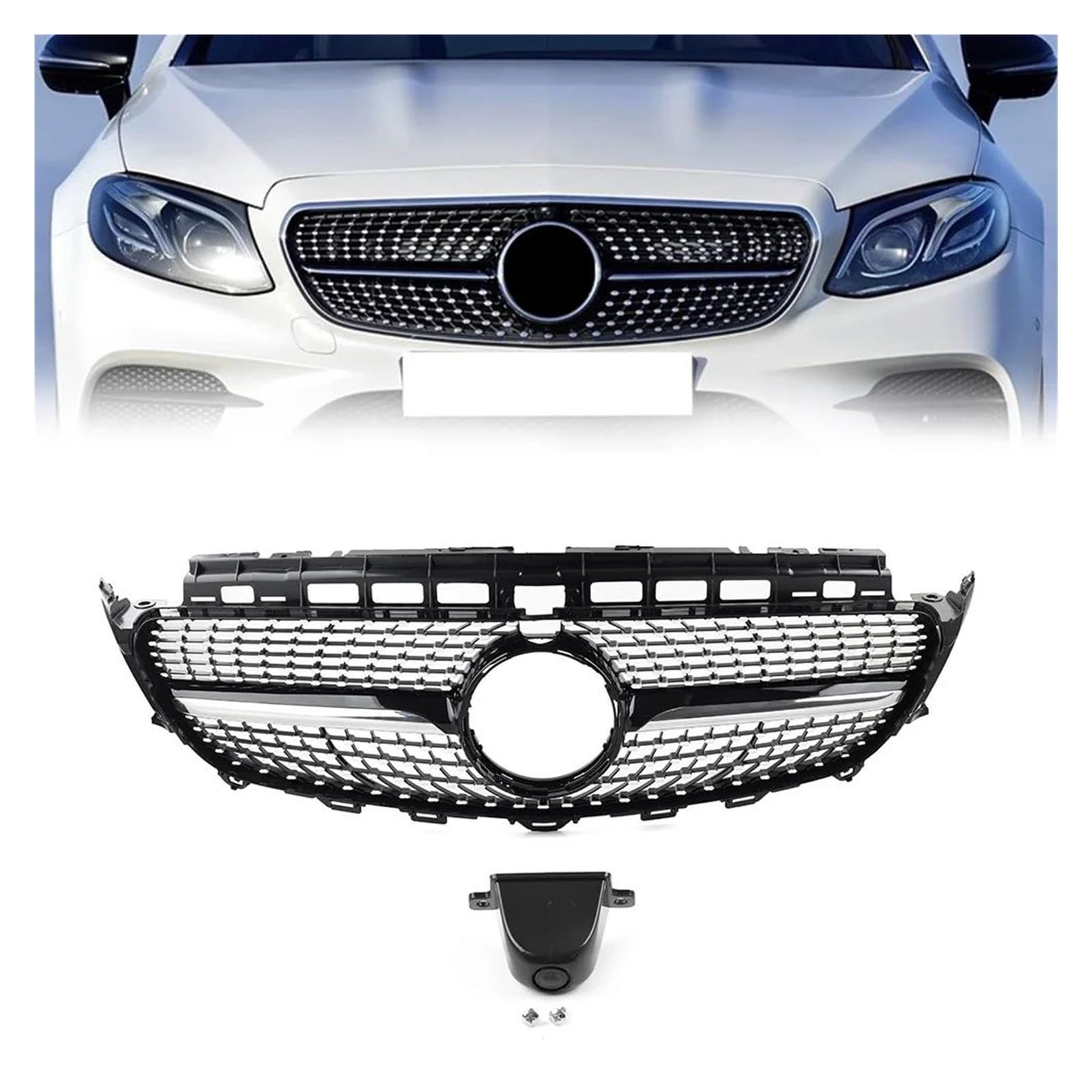 Auto Frontgrill Für Benz Für E Klasse W213 E200 E300 E400 E43 Für AMG 4 Tür Limousine 2016 2017 2018 2019 2020 Auto Vorderen Stoßfänger Diamant Grille Grill Kühlergrill Vorne(Black Silver) von PaCsci