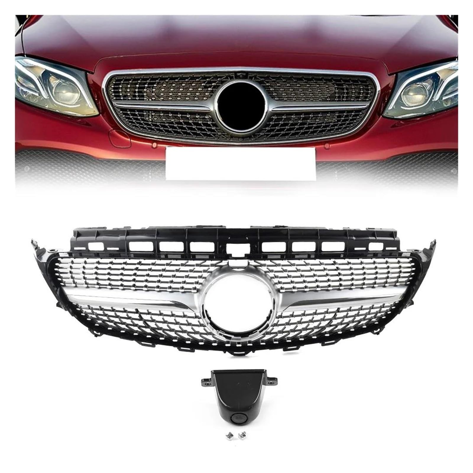 Auto Frontgrill Für Benz Für E Klasse W213 E200 E300 E400 E43 Für AMG 4 Tür Limousine 2016 2017 2018 2019 2020 Auto Vorderen Stoßfänger Diamant Grille Grill Kühlergrill Vorne(Silber) von PaCsci