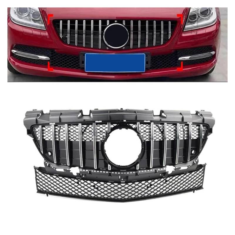 Auto Frontgrill Für Benz Für SLK Klasse R172 SLK200 SLK350 SLK250 2011-2016 Auto Vorderen Stoßfänger Racing Grill GTR Stil Kühler Haube Grille Kühlergrill Vorne(Chrome) von PaCsci