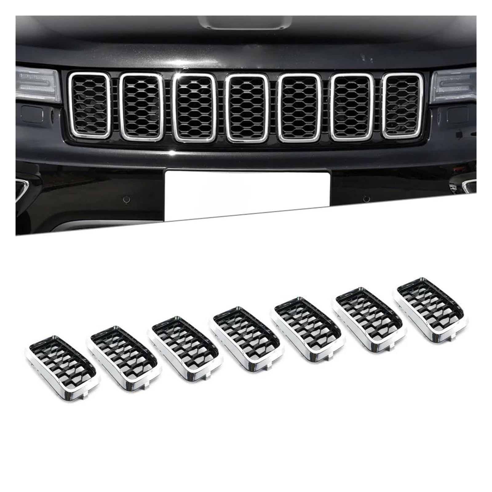 Auto Frontgrill Für Jeep Für Grand Für Cherokee 2017 2018 2019 2020 2021 68317863AA 7Pcs Auto Kühlergrill Honeycomb Mesh Einfügen Abdeckung Trim Kühlergrill Vorne(Chrome Black) von PaCsci