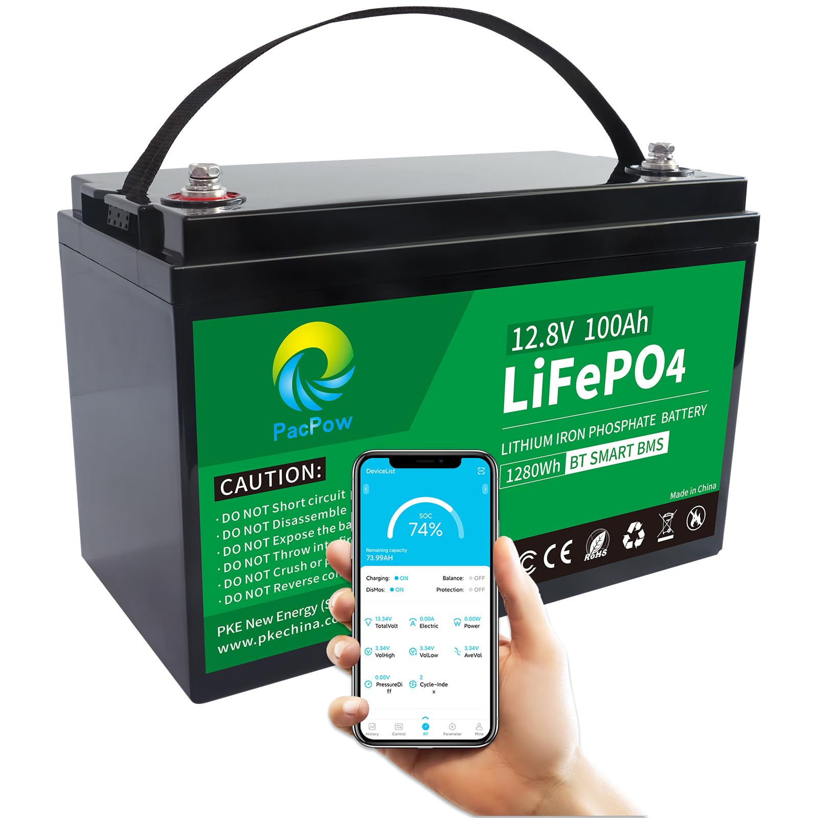 PacPow 12V 100Ah LiFePO4 Lithium Batterie,drahtlose Konnektivität.100A BMS, 5000+ Zyklen, Unterstützung in Serie/Parallelschaltung, Perfekter Ersatz für Blei-Säure für Wohnmobile, Solaranlage, Boote von PacPow