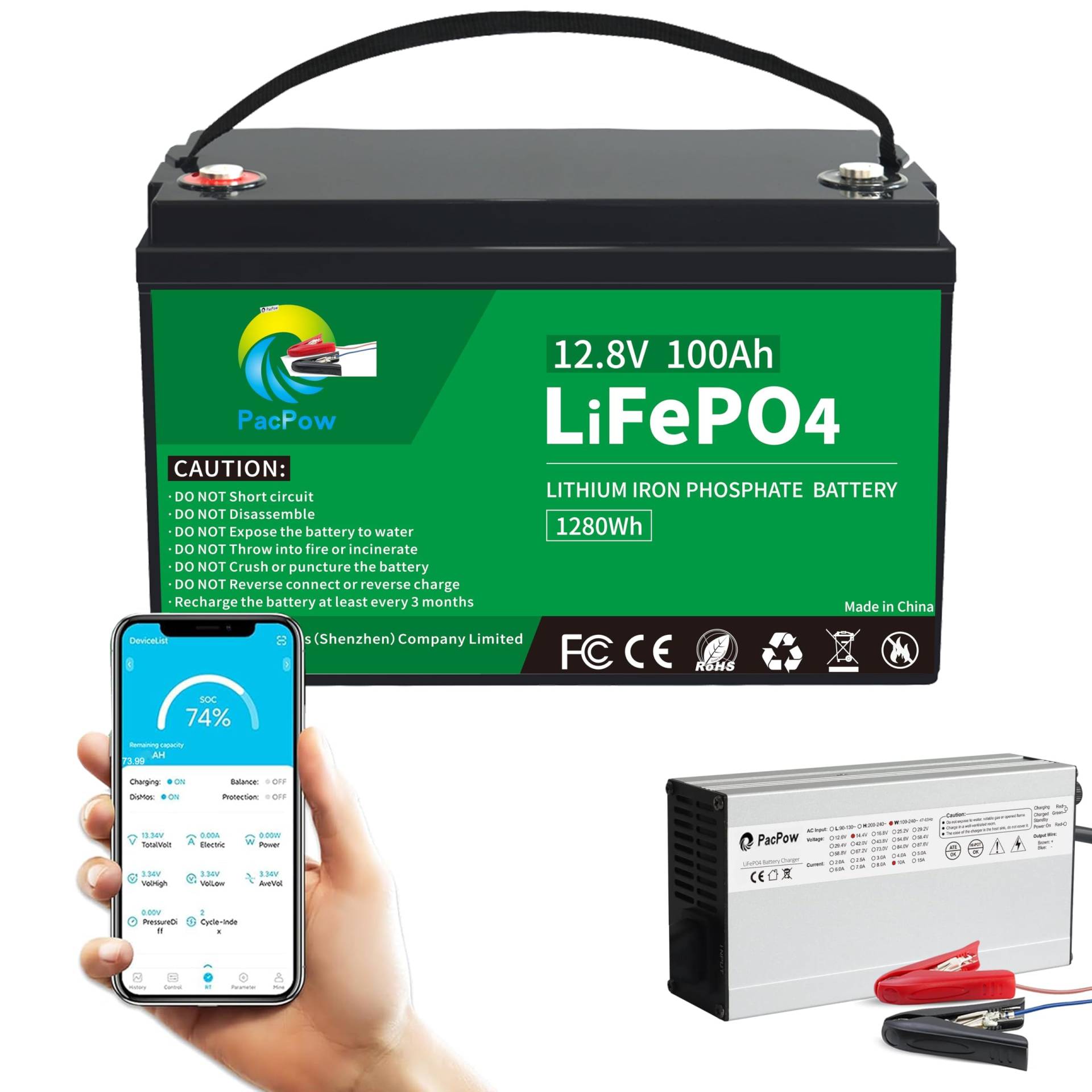 PacPow 12V 100Ah LiFePO4 Lithium Batterie Bluetooth mit 14,6V 10A Ladegerät REPT Zellen JBD 100A BMS, 5000+ Zyklen Wohnmobil Boot Solaranlage Wohnwagen Solar Haushalt (DE 12V 100Ah) von PacPow