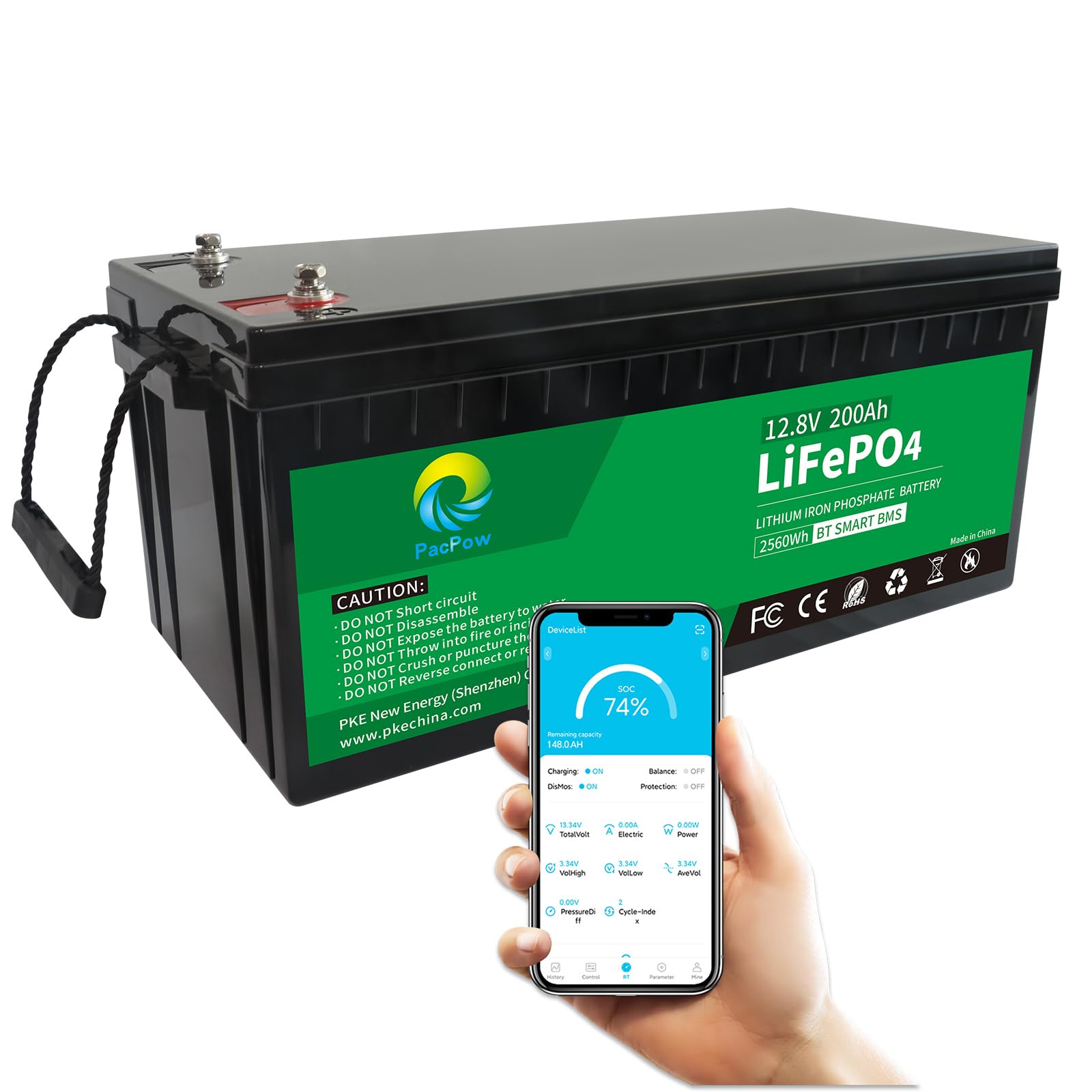 PacPow 12V 200Ah LiFePO4 Batterie mit 150A Smart BMS und Niedrigtemperaturschutz, 2560Wh Tiefzyklus Lithium Batterie,für Wohnmobile, Boote, Solaranlagen, Wohnwagen, Solar Haushalte und Camping von PacPow