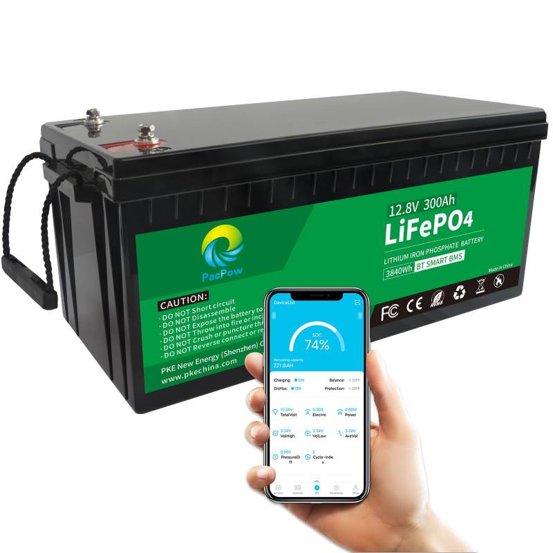 PacPow 12V 300Ah LiFePO4 Batterie mit 200A Smart BMS und Niedrigtemperaturschutz, 3840Wh Tiefzyklus Lithium Batterie,für Wohnmobile, Boote, Solaranlagen, Wohnwagen, Solar Haushalte und Camping von PacPow