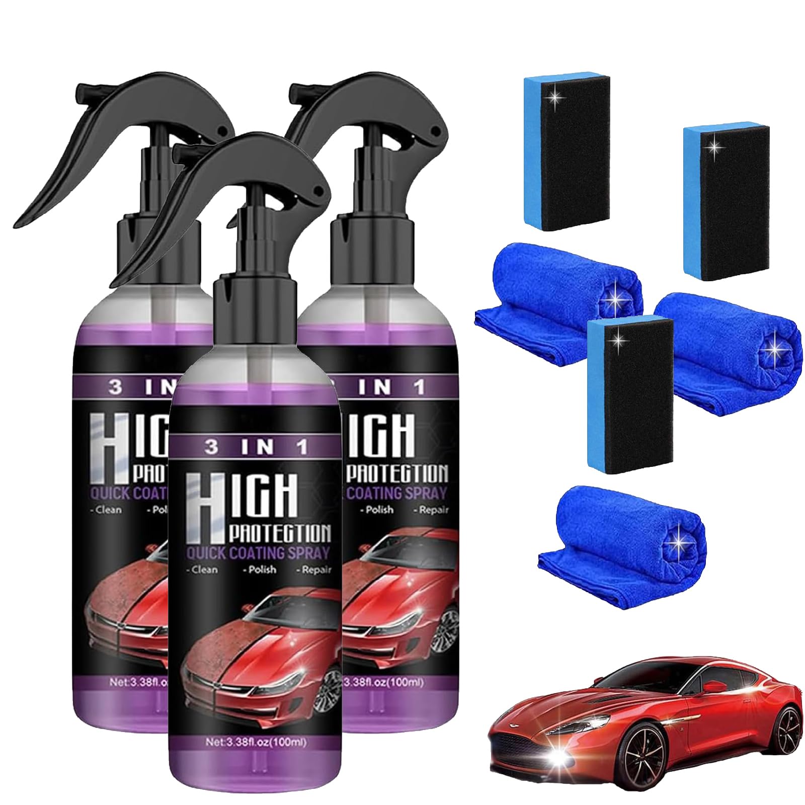 PacuM Gluckaro, Gluckaro 3 in 1 Hochschutz-Auto-Beschichtungsspray, High Protection 3 in 1 Spray,Car Coating Wax Polishing Spray,Hoher Schutz 3 in 1 Spray (3Pcs) von PacuM