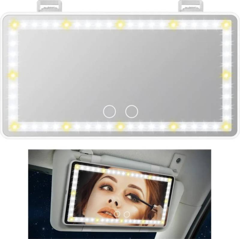 Kosmetikspiegel mit LED-Licht für Auto Sonnenblende, Schminkspiegel mit 3 Lichtmodi und 60 LED Perlen, Einstellbare Helligkeit, USB Wiederaufladbar, Ansteckbarer Kosmetikspiegel von Panlouting