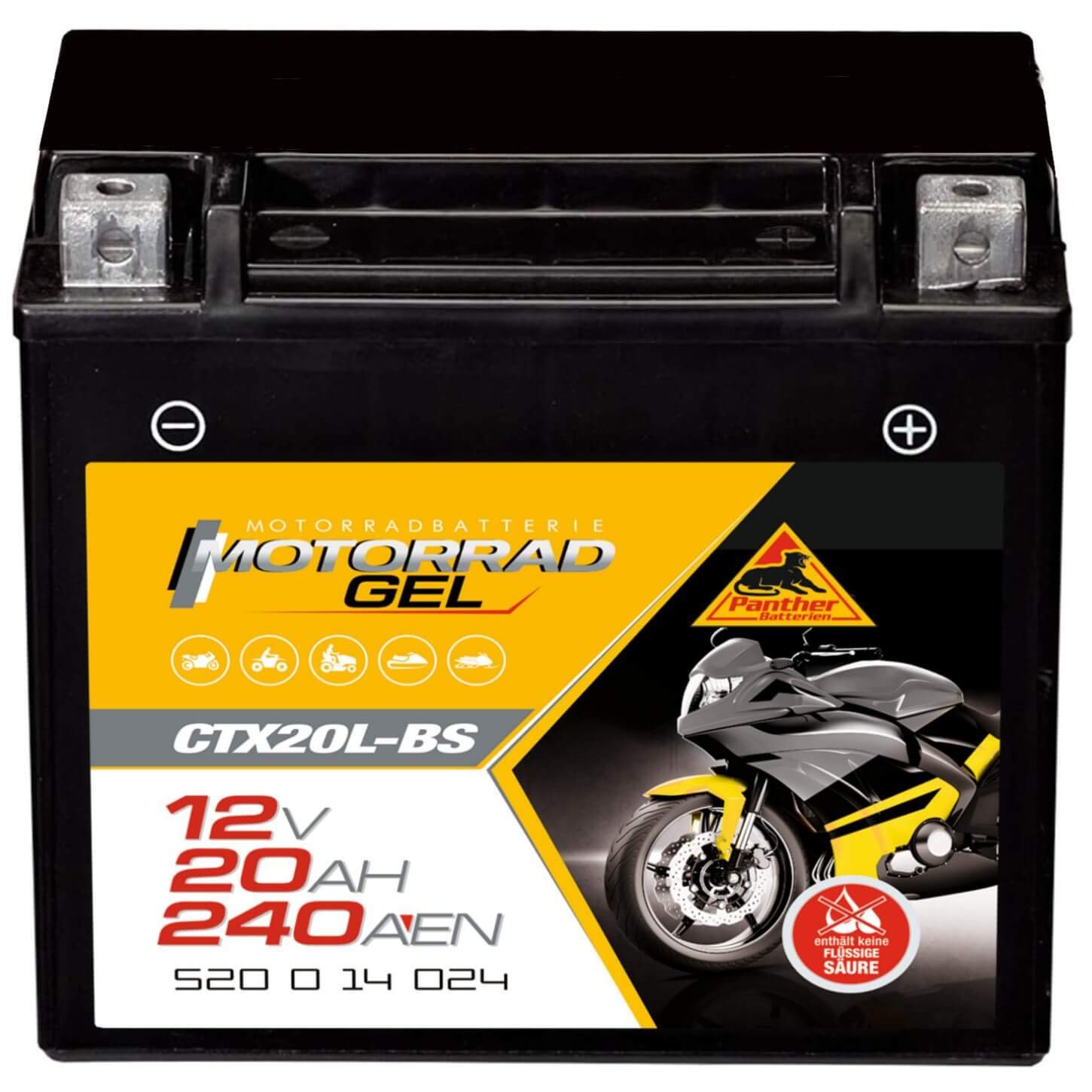 Panther YTX20L-BS Motorrad Batterie GEL 12V 18Ah CTX20L-BS Erstausrüsterqualität von Panther