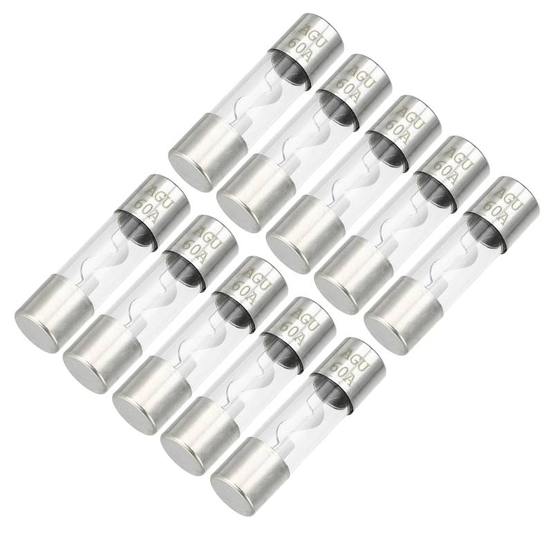 Partuto 10 Stück 10x38mm 0,39x1,50 Zoll 60A Universal AGU Glassicherung - Kfz-Sicherungsröhre zum Schutz der Stromversorgung - Metall Silberton von Partuto