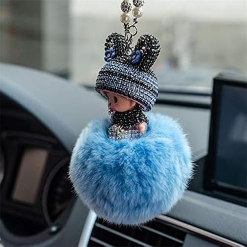 Auto Rückspiegel Ornament,Bling Strass Rückspiegel Anhänger Süße Puppe Plüsch Ball Auto Hängende Anhänger Niedlich Auto Spiegel Anhänger Auto Innen Dekoration Geschenke für Frauen Männer-Blau von Paryou