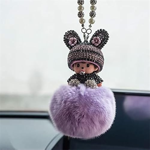 Auto Rückspiegel Ornament,Bling Strass Rückspiegel Anhänger Süße Puppe Plüsch Ball Auto Hängende Anhänger Niedlich Auto Spiegel Anhänger Auto Innen Dekoration Geschenke für Frauen Männer-Lila von Paryou