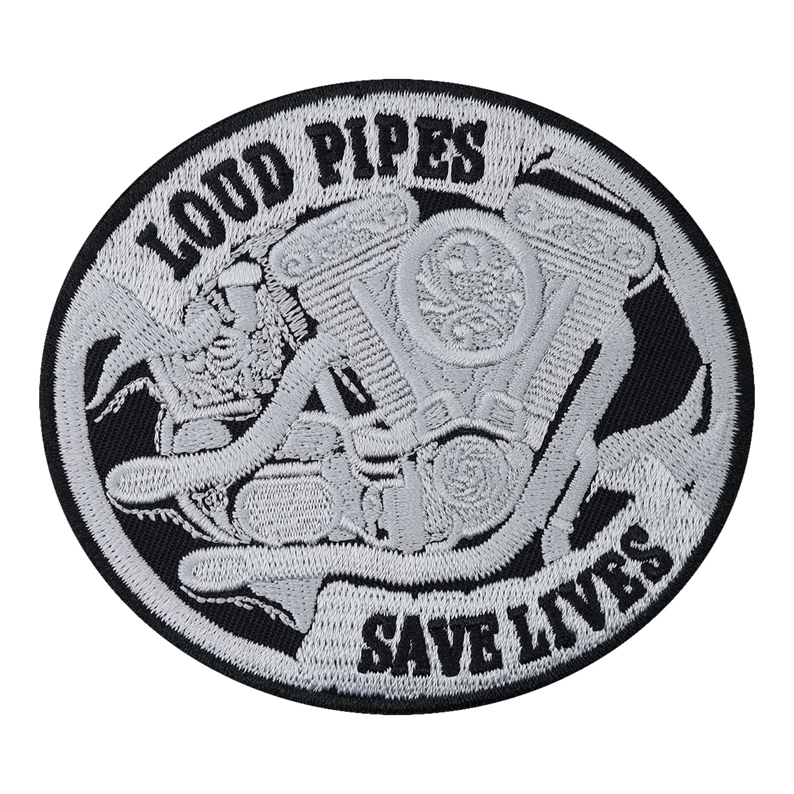 Biker Aufnäher Stickerei: Loud Pipes Save Lifes Motorradclub Patch Bestickt - Wikinger Geschenk Motorradfan - MC Chopper Aufbügler - Applikation Leder-Jacke/Weste/Tasche - 85x100mm von PATCH KING