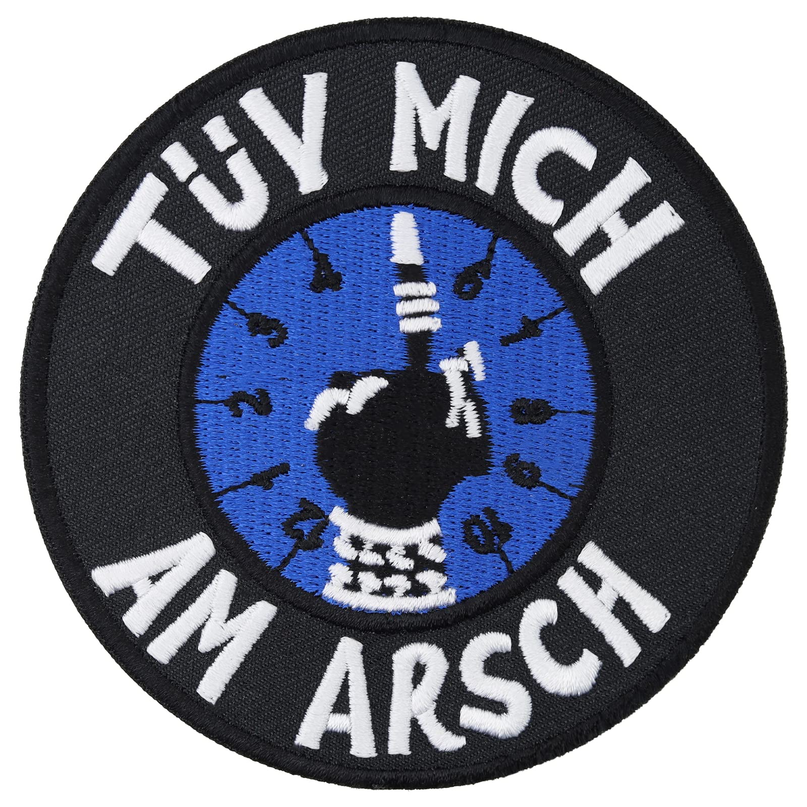 Biker Aufnäher: TÜV Mich am Arsch Motorrad Patch mit Spruch gestickt - Rocker Aufbügler TÜV Plakette Aufkleber - Spaß Geschenk Applikation für Shirt/Jacke/Weste/Kutte - 90x90mm von PATCH KING