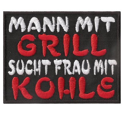 Patch Mann mit Grill, sucht Frau mit Kohle, Barbecue Latzschürze Aufnäher von Patch