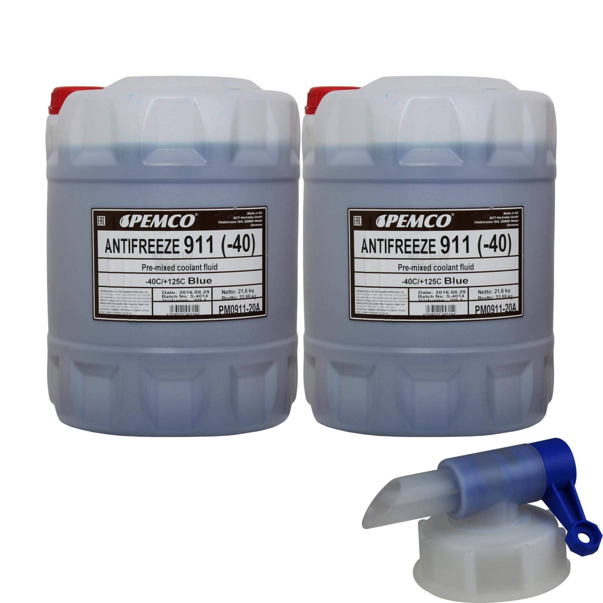 2x 20 L PEMCO Antifreeze 911 Kühlerfrostschutz blau Fertiggemisch + Auslaufhahn Typ G11 von Pemco